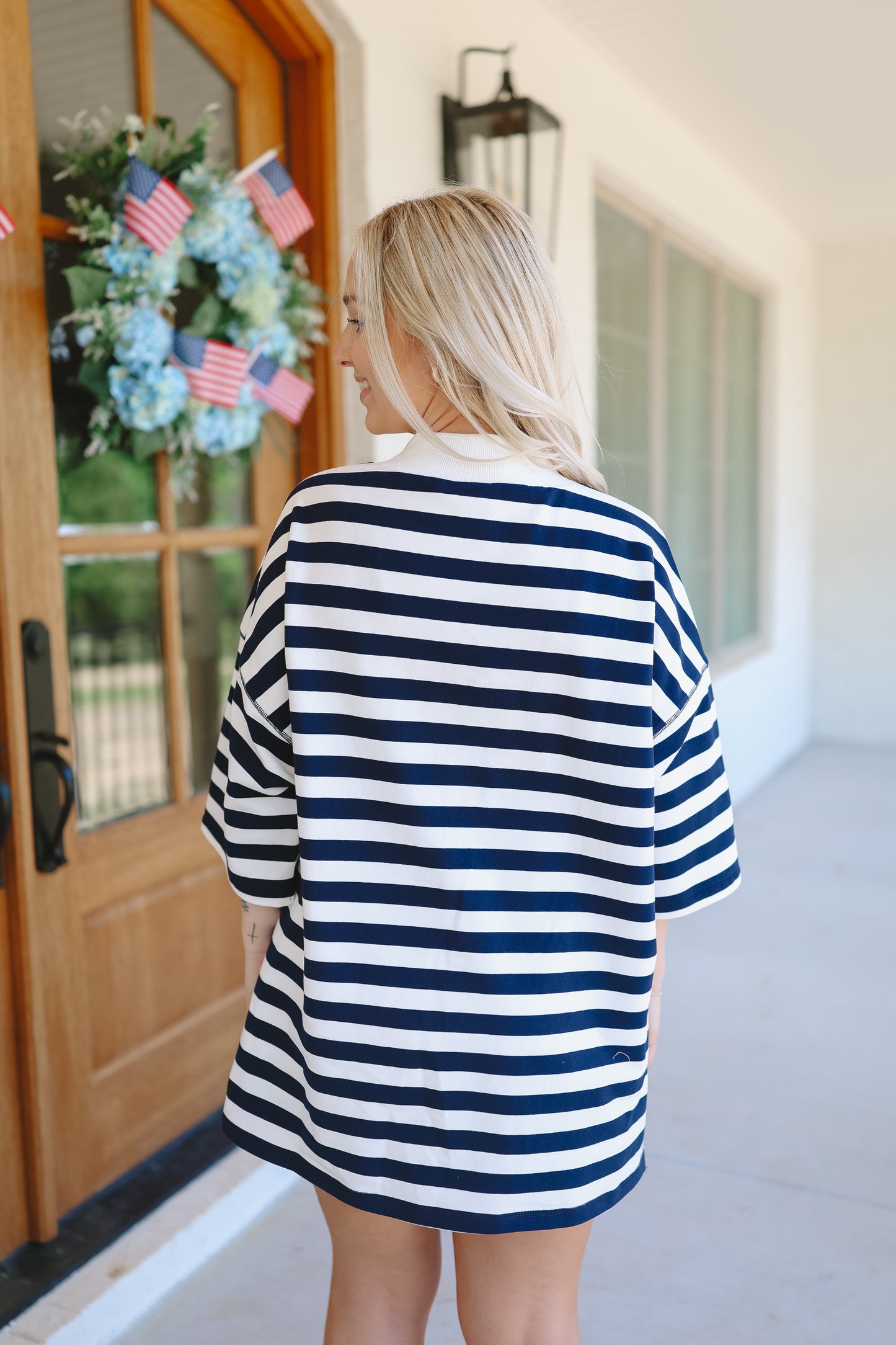 Julee Mock Neck French Terry Striped Top - Navy/Off White