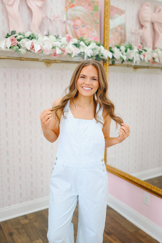 Natalie Striped Barrel Leg Overalls - Lt. Blue/White