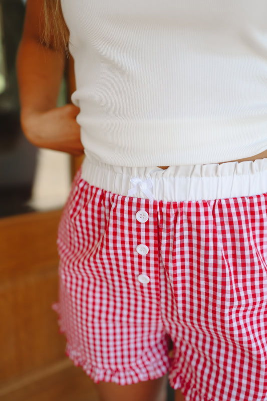Kenslee Gingham Front Button Shorts - Red