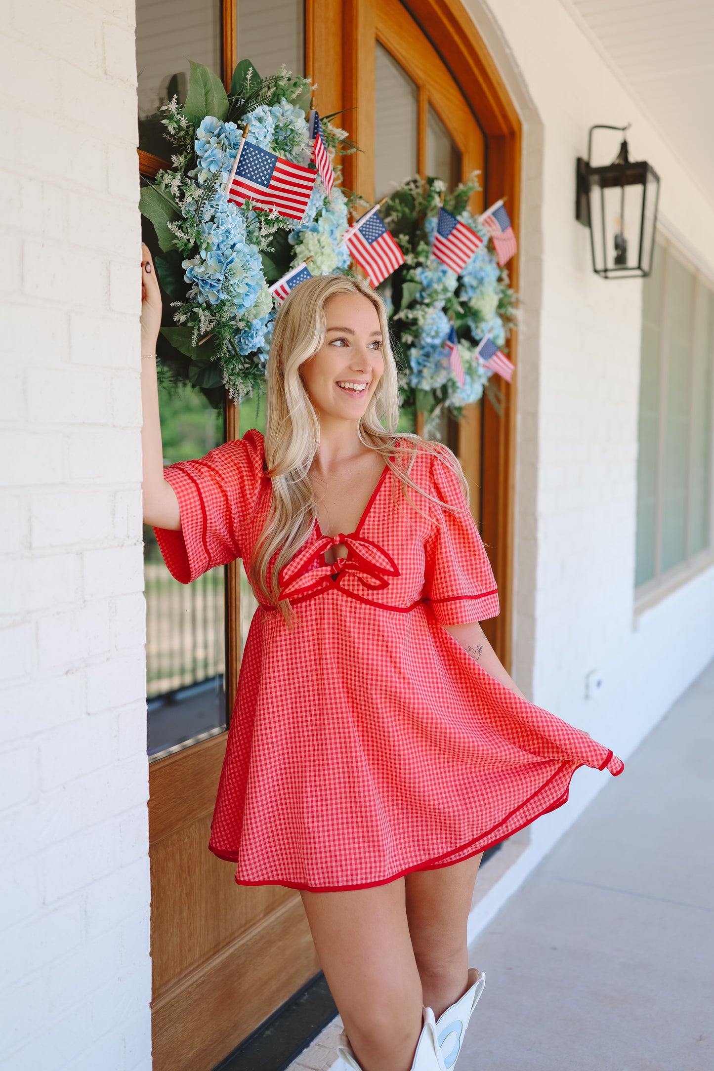 Aggie Gingham Bow Tie V-Neck Romper - Red