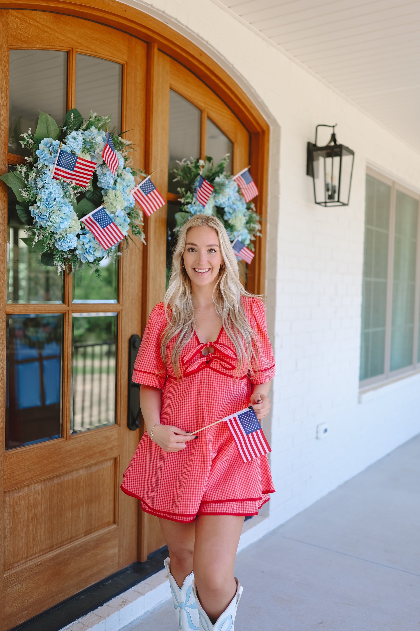 Aggie Gingham Bow Tie V-Neck Romper - Red