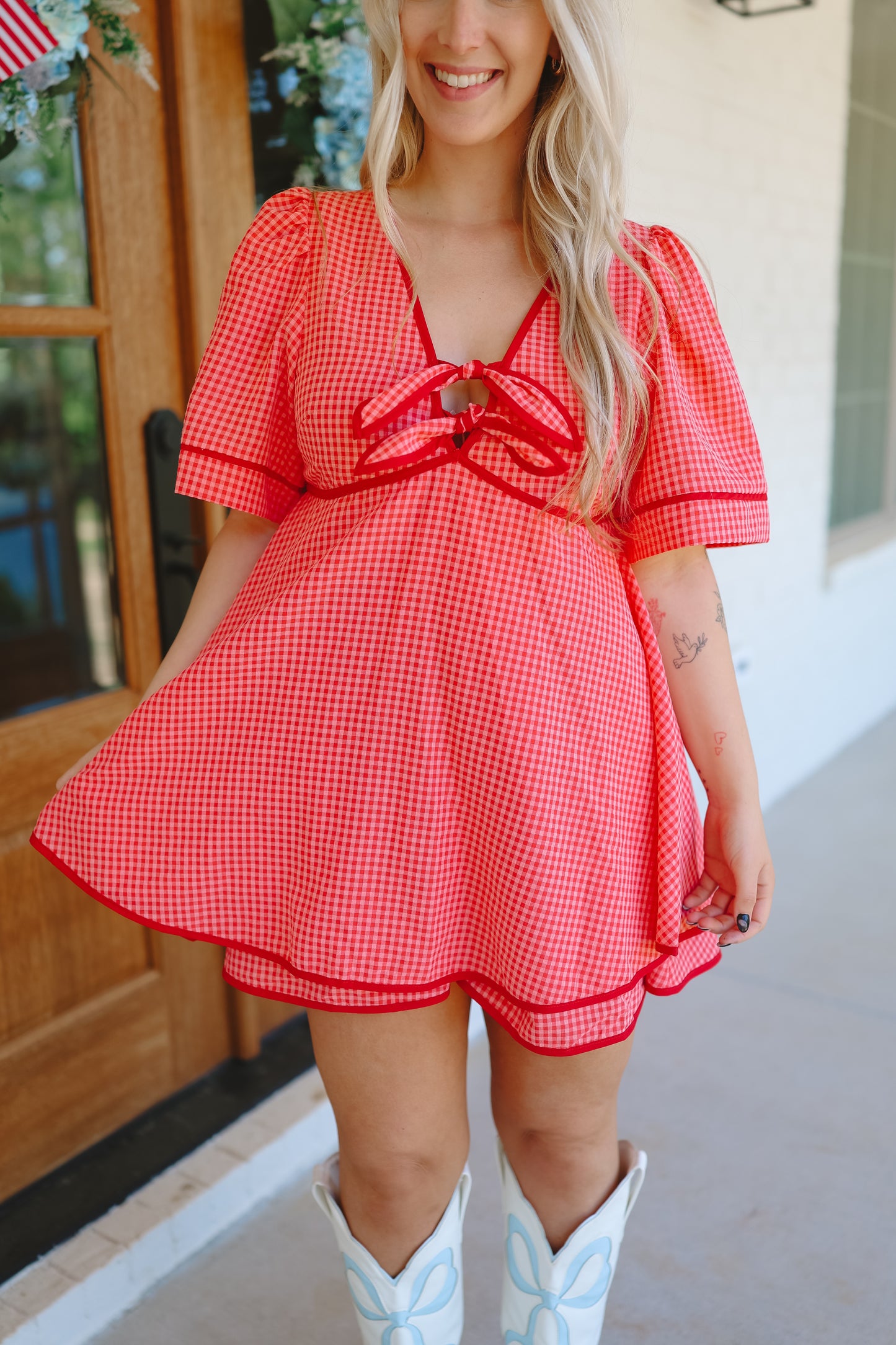 Aggie Gingham Bow Tie V-Neck Romper - Red
