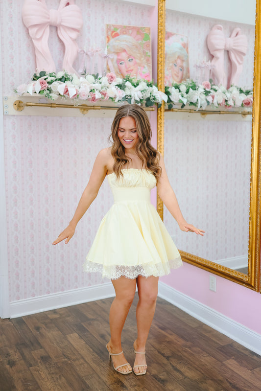 Vienna Lace Trim Strapless Mini Dress - Lemon