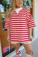 Julee Mock Neck French Terry Striped Top - Red/Off White