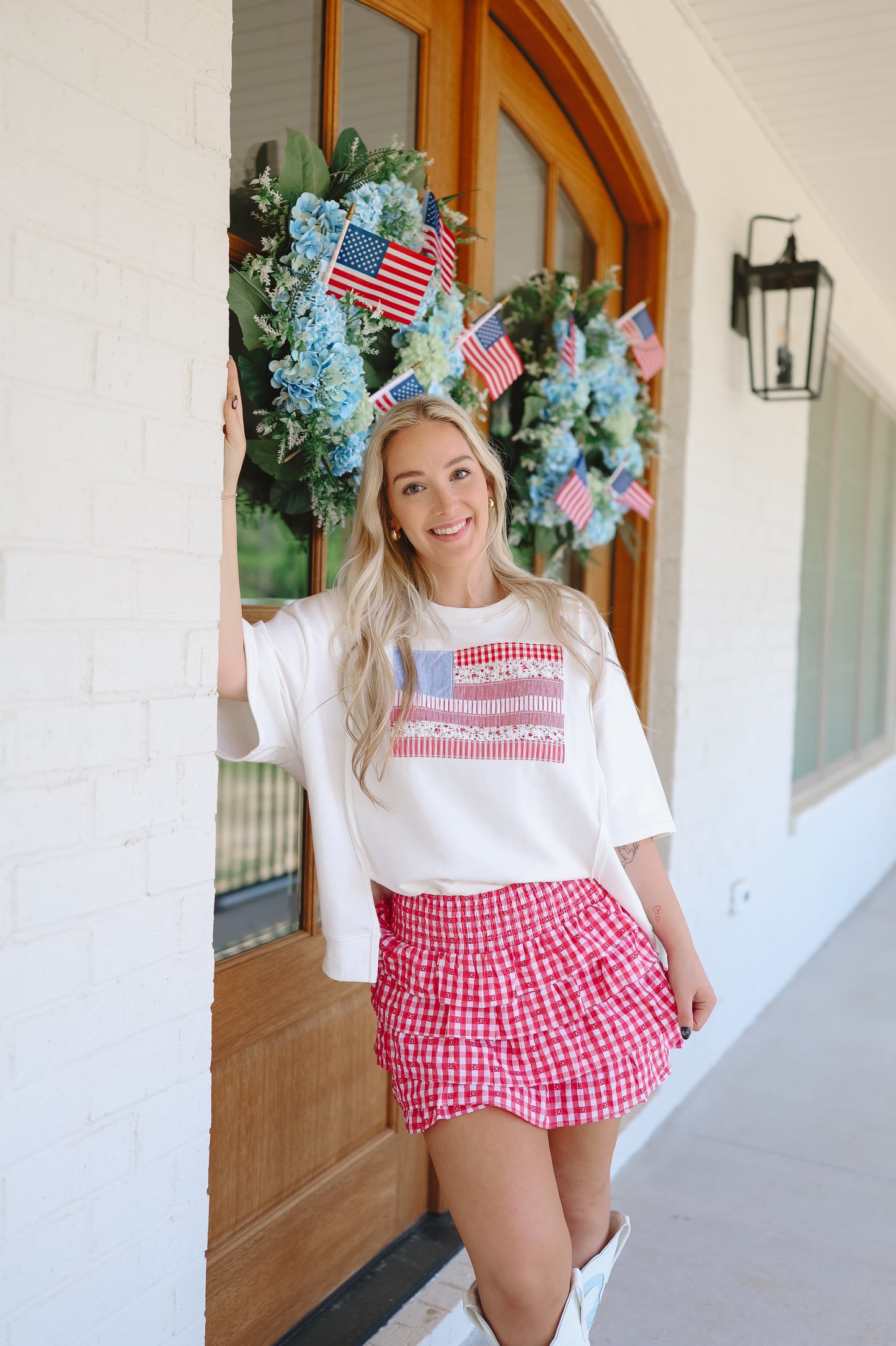 Briella Smocked Tiered Gingham Skort - Red
