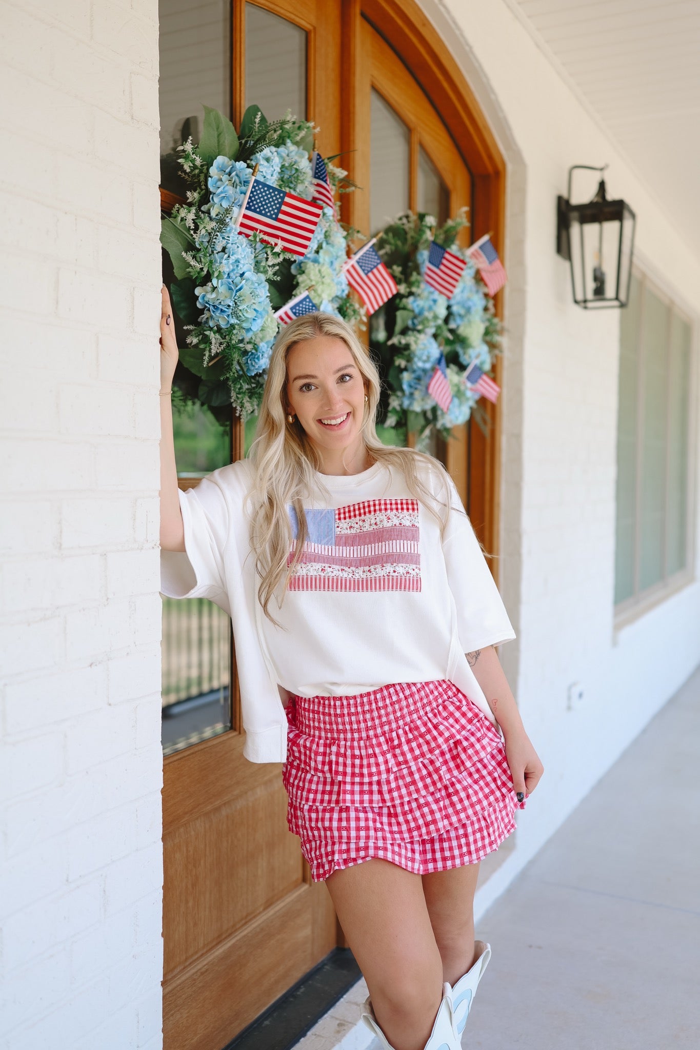 Briella Smocked Tiered Gingham Skort - Red