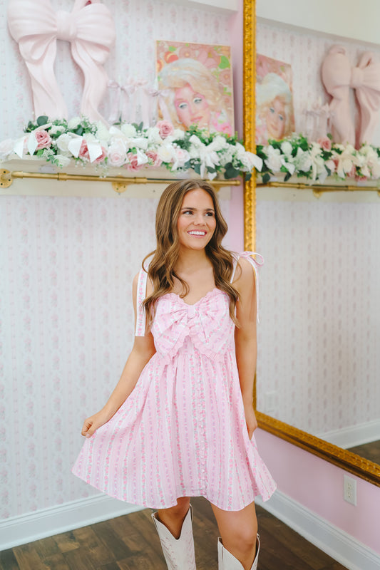 PREORDER: Kalani Floral Striped Bow Mini Dress - Pink