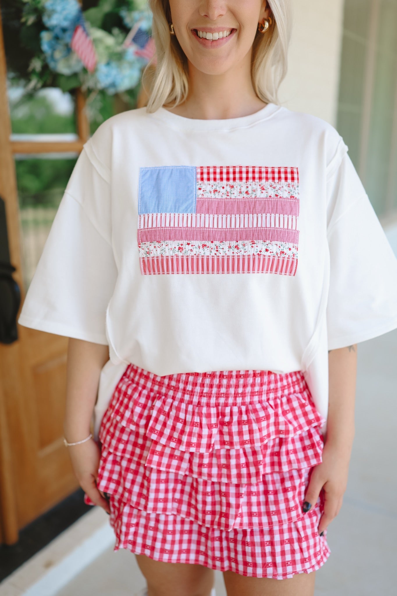 Briella Smocked Tiered Gingham Skort - Red