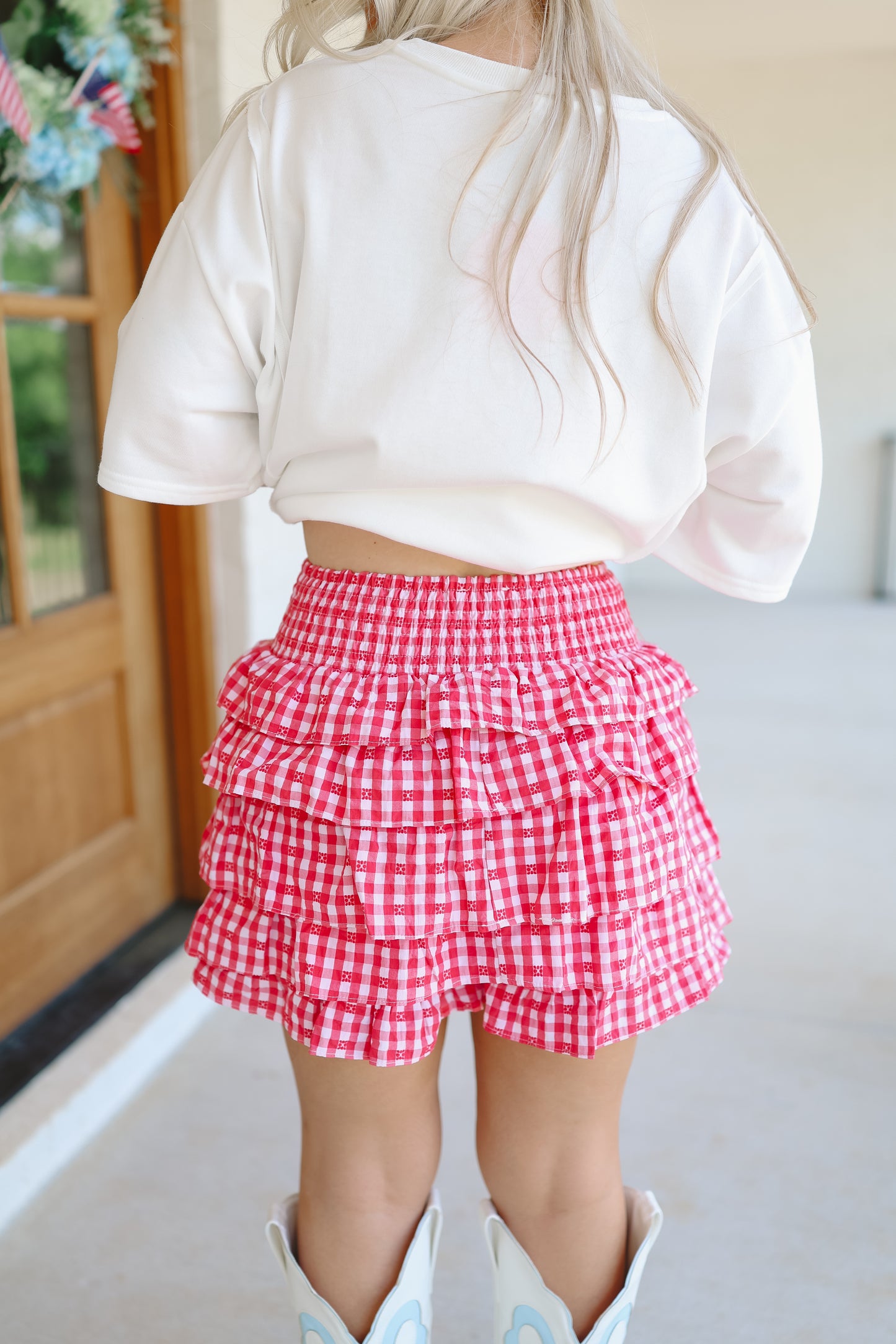 Briella Smocked Tiered Gingham Skort - Red