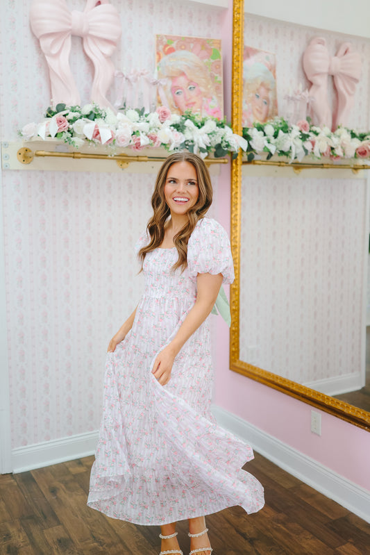 June Floral Bubble Sleeve Back Tie Maxi Dress - Lt. Pink