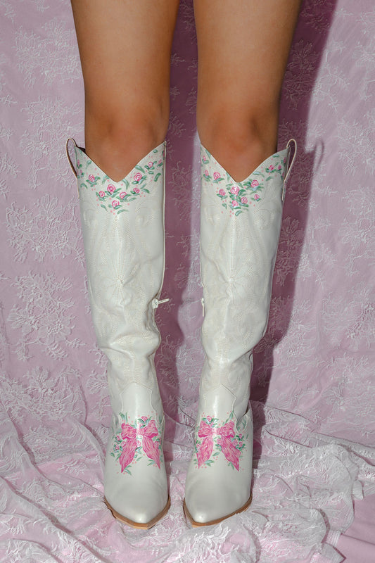 The Rose Darling Hand Painted Cowgirl Boots – White