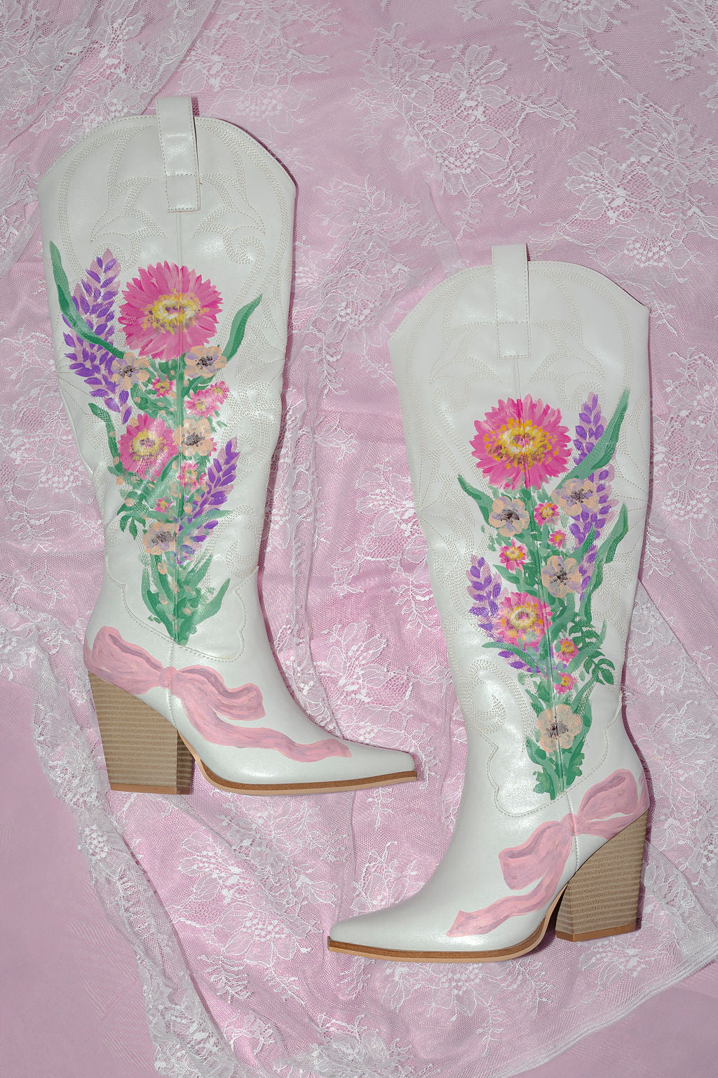 Coquette Garden Hand-Painted Cowgirl Boots - White/Multi