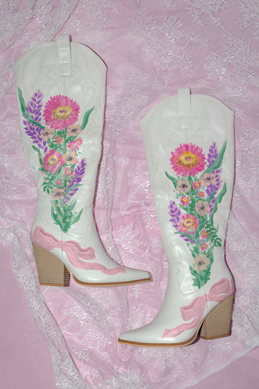 Coquette Garden Hand-Painted Cowgirl Boots - White/Multi