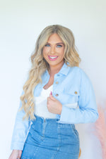 Load image into Gallery viewer, Cropped Deinim Jacket Denim Jacket Baby Blue Denim Jacket Crop Jacket Denim Crop Top Spring Transition Top Spring Top Spring Jacket Spring Colors Transition Piece Nashville Casual Downtown Nashville

