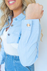 Load image into Gallery viewer, Cropped Deinim Jacket Denim Jacket Baby Blue Denim Jacket Crop Jacket Denim Crop Top Spring Transition Top Spring Top Spring Jacket Spring Colors Transition Piece Nashville Casual Downtown Nashville
